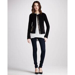 VINCE Black Wool Boucle Knit Lamb Leather Minimalist Collarless Jacket, Size 2